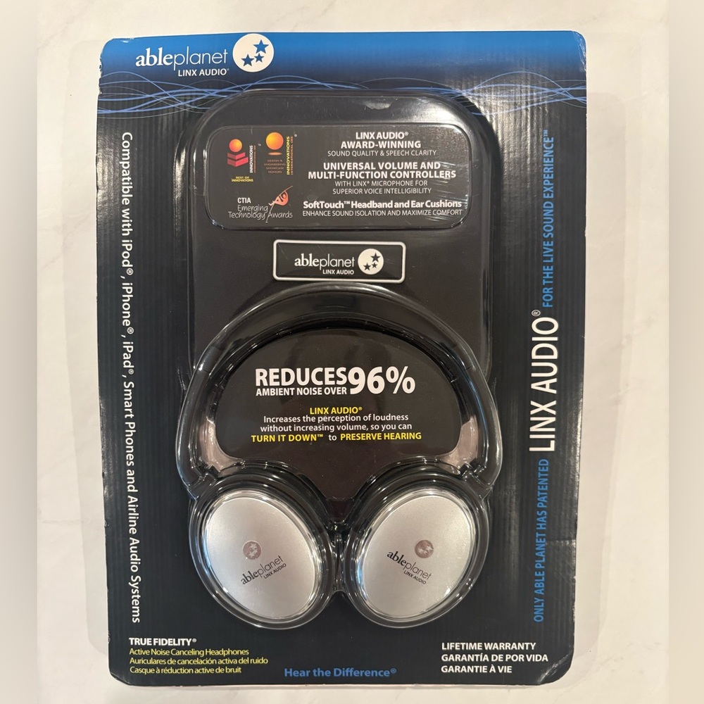 True Fidelity Noise Cancelling Able Planet Silver Headphones with Carrying Case